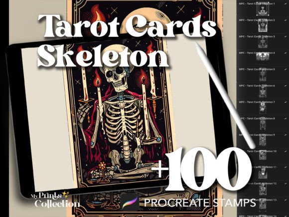 Unlock Mystical Creativity with 100 Procreate Tarot Cards Skeleton Stamps